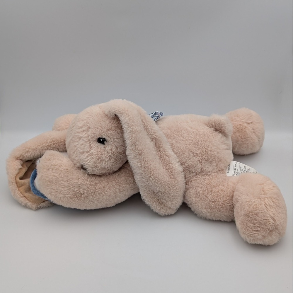 Miniso Sleeping Bunny Plush Beige Rabbit Resting on Blue Pillow Floral Bow 14"